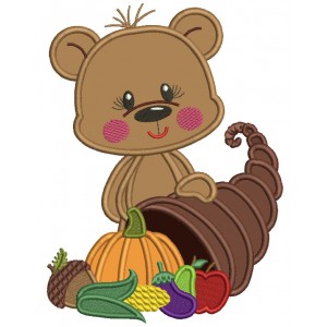 Bear Holding Thanksgiving Cornucopia Applique Machine Embroidery Design Digitized Pattern