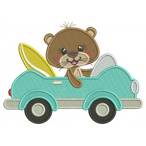 Bear Surfer Driving The Car Filled Machine Embroidery Design Digitized Pattern