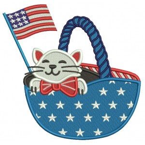 Cat Sitting In The Basket With American Flag Patriotic 4th Of July Filled Machine Embroidery Design Digitized Pattern
