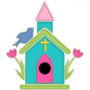 Church With a Bird and Flowers Easter Applique Machine Embroidery Design Digitized Pattern