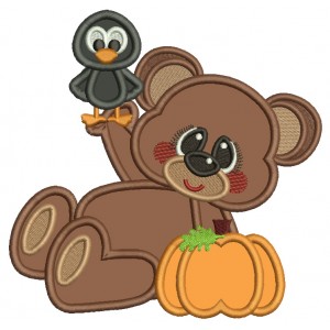 Cute Bear With Crow And Pumpkin Fall Applique Machine Embroidery Design Digitized Pattern