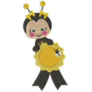 Cute Bee Holding Graduation Seal School Filled Machine Embroidery Design Digitized Pattern