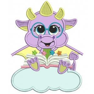 Cute Dino Sitting On The Cloud Reading a Book Applique Machine Embroidery Design Digitized Pattern
