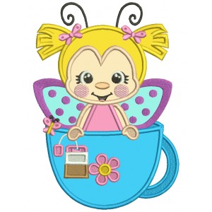 Cute Girl With Butterfly WIngs Sittings In The Big Cup Applique Machine Embroidery Design Digitized Pattern