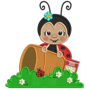 Cute Ladybug Gardner With a Flower Pot and Bag of Flower Seeds Filled Machine Embroidery Design Digitized Pattern