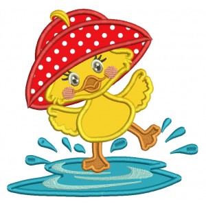 Cute Little Baby Duck Wearing Big Hat Splashing In The Puddle Applique Machine Embroidery Design Digitized Pattern