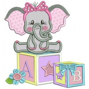 Cute Little Baby Elephant Sitting On ABC Blocks School Applique Machine Embroidery Design Digitized Pattern