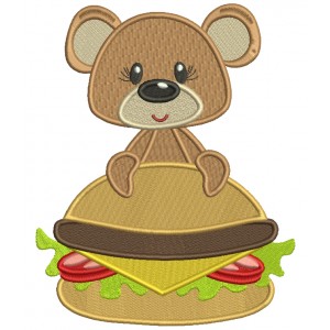 Cute Little Bear Holding Hamburger Filled Machine Embroidery Design Digitized Pattern