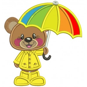 Cute Little Bear Holding Umbrella Spring Applique Machine Embroidery Design Digitized Pattern