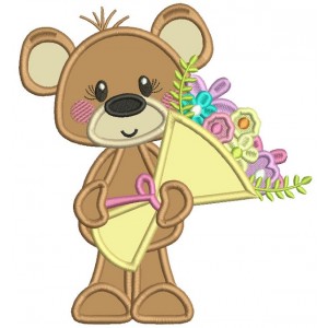 Cute Little Bear Holding a Flower Bouquet Applique Summer Machine Embroidery Design Digitized Pattern
