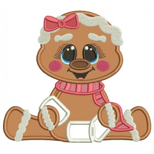 Cute Little Gingerbread Girl Playing With Snow Christmas Applique Machine Embroidery Design Digitized Pattern