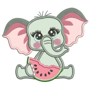 Cute Little Girl Elephant Eating Watermelon Applique Machine Embroidery Digitized Design Pattern