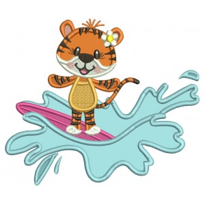 Cute Little Tiger Surfer Riding Waves Summer Applique Machine Embroidery Design Digitized Pattern