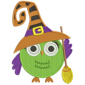 Cute Owl Witch With a Big Hat And a Broom Filled Machine Embroidery Design Digitized Pattern