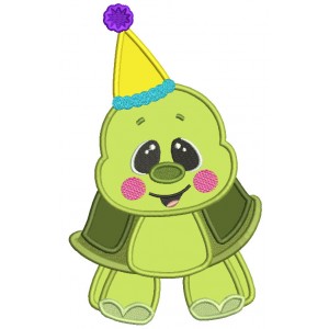 Cute Turtle Wearing Birthday Hat Applique Machine Embroidery Design Digitized Pattern