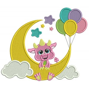 Dragon On The Moon With Balloons Filled Machine Embroidery Digitized Design Pattern