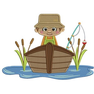 Fisherman Catching Fish On The Boat Filled Machine Embroidery Design Digitized Pattern