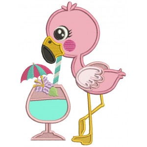 Flamingo Sipping Exotic Drink Applique Machine Embroidery Design Digitized Pattern