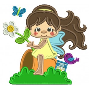 Flower Fairy Sitting On a Flower Pot Holding a Flower Applique Machine Embroidery Design Digitized Pattern