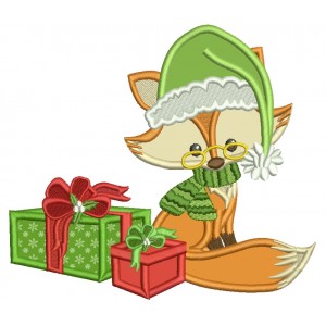 Fox Wearing Glasses WIth Christmas Presents Applique Machine Embroidery Design Digitized Pattern