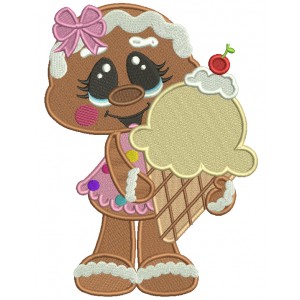 Gingerbread Girl Holding Huge Ice Cream Cone Filled Machine Embroidery Digitized Design Pattern