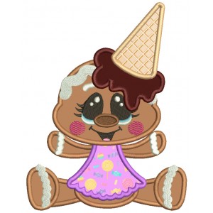 Gingerbread Girl With Ice Cream Cone On Her Head Applique Machine Embroidery Digitized Design Pattern