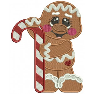 Gingerbread Man Holding Sugar Cane Candy Christmas Filled Machine Embroidery Design Digitized Pattern