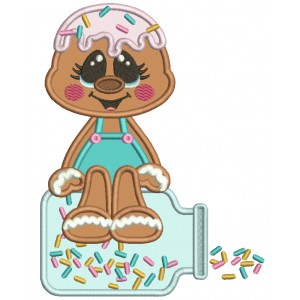 Gingerbread Man Sitting On Top Of Jar Applique With Sprinklers Applique Machine Embroidery Digitized Design Pattern