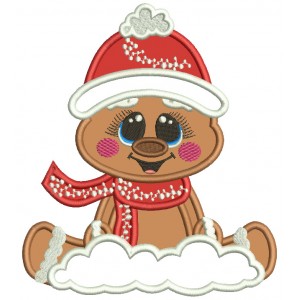 Gingerbread Man Wearing Winter Scarf Sitting In The Snow Christmas Applique Machine Embroidery Design Digitized Pattern