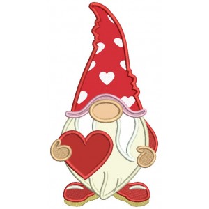 Gnome Holding a Big Heart Valentine's Day Applique Machine Embroidery Design Digitized Pattern