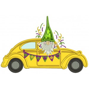 Gnome Riding In The Car Mardi Gras Applique Machine Embroidery Design Digitized Pattern