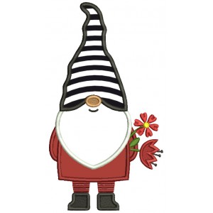 Gnome WIth Flowers Behind His Back Valentine's Day Applique Machine Embroidery Design Digitized Pattern