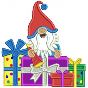 Gnome With a Lot of Birthday Presents Applique Machine Embroidery Design Digitized Pattern
