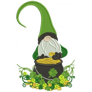 Gnome With a Pot Of Gold And Shamrocks St.Patrick's Day Filled Machine Embroidery Design Digitized Pattern