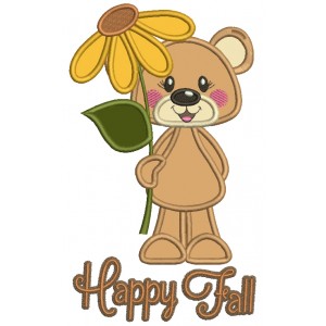 Happy Fall Bear With a Flower Applique Machine Embroidery Design Digitized Pattern