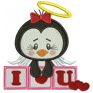 I Love You Cute Penguin Angel Filled Machine Embroidery Design Digitized Pattern