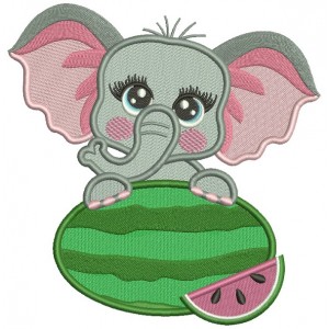 Little Baby Elephant Holding Watermelon Filled Machine Embroidery Digitized Design Pattern