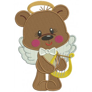 Little Bear Angel Playing Harp Filled Machine Embroidery Design Digitized Pattern