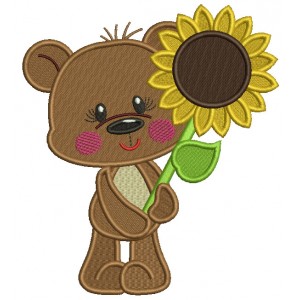 Little Bear Girl Holding Sunflower Thanksgiving Filled Machine Embroidery Design Digitized Pattern