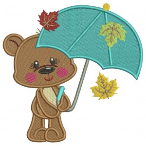 Little Bear Holding a Big Umbrella Fall Filled Machine Embroidery Design Digitized Pattern