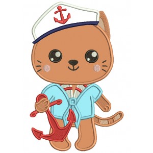 Little Boy Kitten Saylor With Anchor Applique Machine Embroidery Design Digitized Pattern
