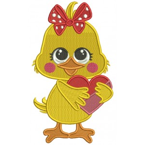 Little Chick Holding Big Heart Valentine's Day Filled Machine Embroidery Design Digitized Pattern