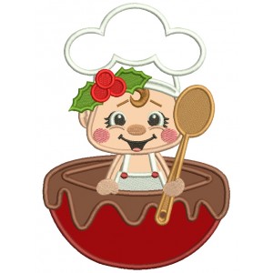 Little Cook With a Big Spoon Filled With Candy Christmas Applique Machine Embroidery Design Digitized Pattern