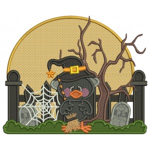 Little Crow Wizard Holding Broom Spider Web and RIP Halloween Filled Machine Embroidery Design Digitized Pattern