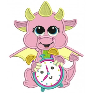 Little Dragon Holding An Alarm Clock Applique Machine Embroidery Design Digitized Pattern