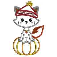 Little Kitten Sitting On The Pumpkin Fall Applique Machine Embroidery Design Digitized Pattern