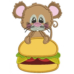 Little Mouse Holding a Big Hamburger Applique Machine Embroidery Design Digitized Pattern