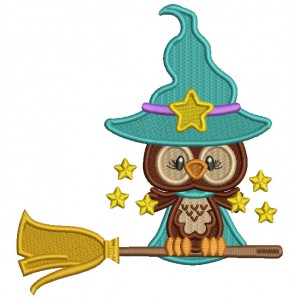 Little Owl Wizard On The Broom With Stars Filled Halloween Machine Embroidery Design Digitized Pattern