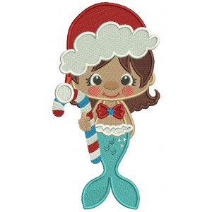 Mermaid Wearing Santa Hat Holding Candy Cane Filled Christmas Machine Embroidery Design Digitized Pattern