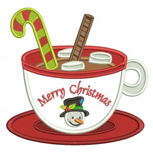 Merry Christmas Hot Cocoa Cup With Snowman Applique Machine Embroidery Design Digitized Pattern